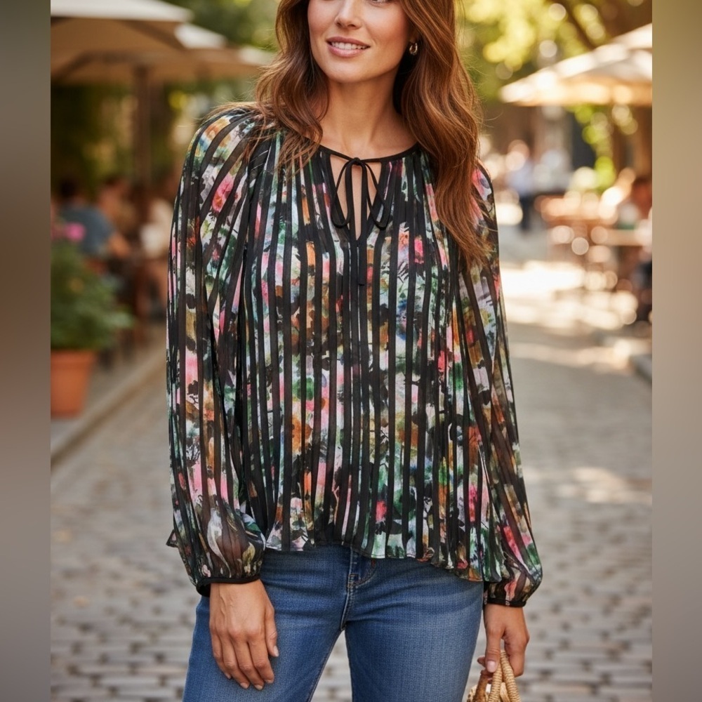 NWT Marie Oliver Black Stripe Jesse Ocean Tropical Silk Lurex Pleated Tie Blouse